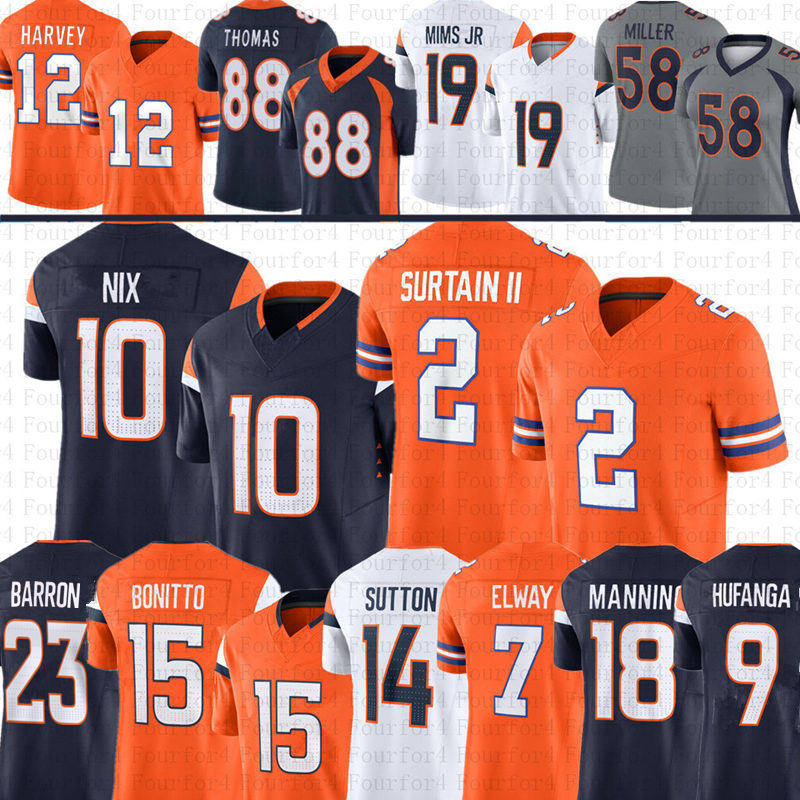 Bo Nix 12 RJ Harvey Patrick Surtain II Football Jersey Nik Bonitto John Elway Peyton Manning Courtland Sutton Marvin Mims Jr Zach Allen Jahdae Barron Hufanga Meinerz