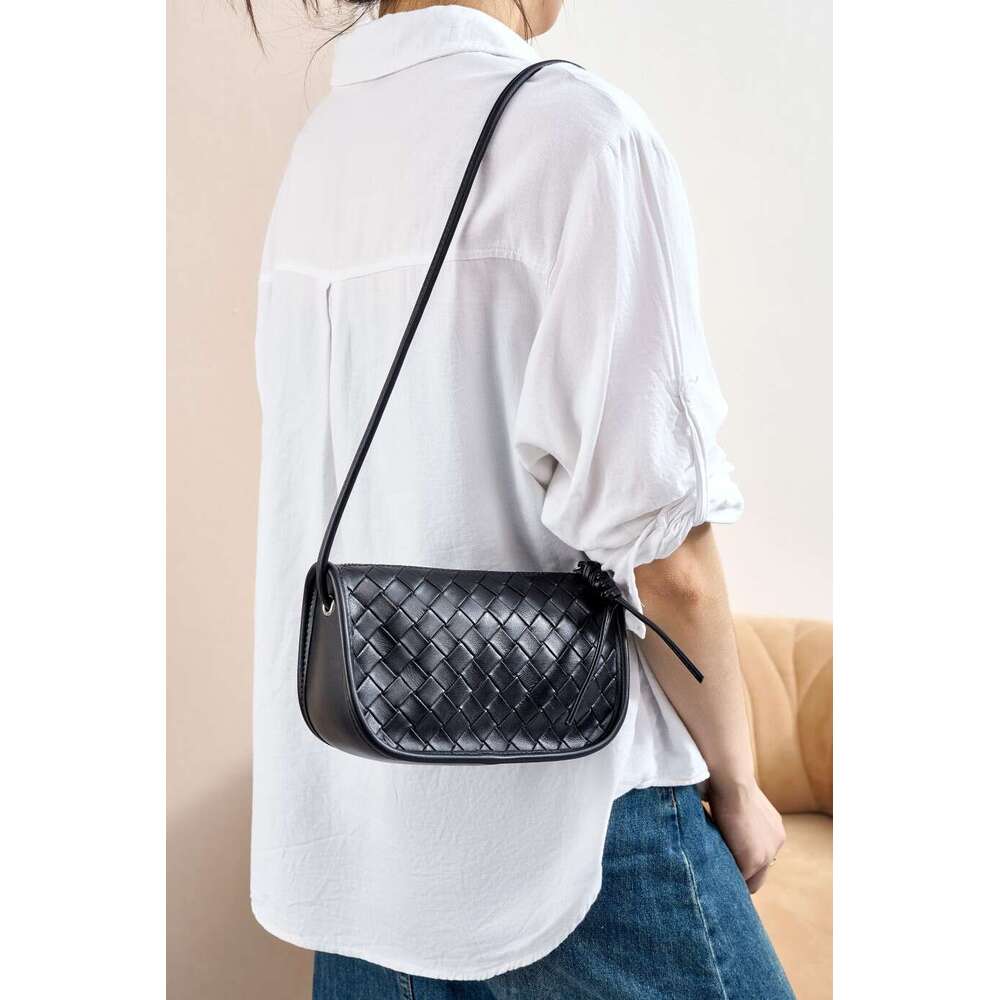 2024 Summer New Genuine Leather Handheld Square Fashion Woven Double Zipper Single Shoulder Crossbody Small Casual Women's Bag