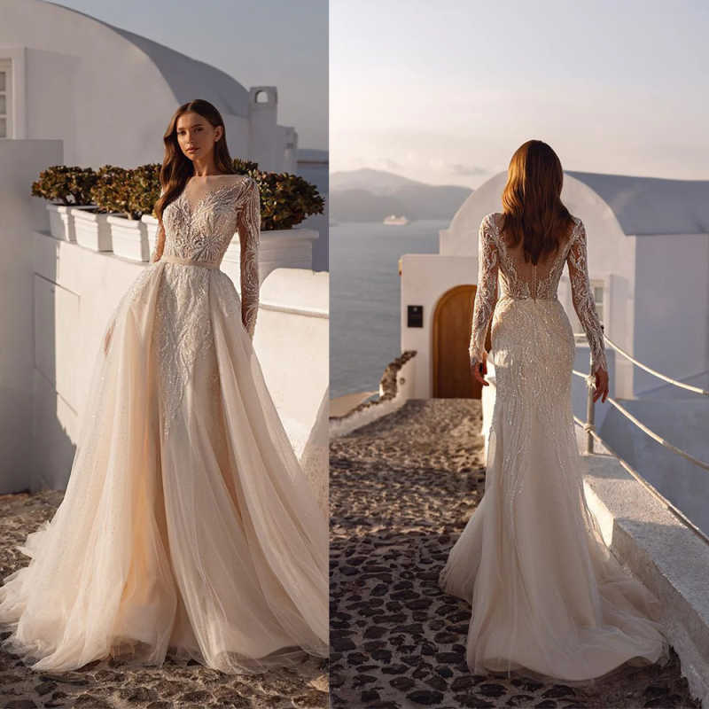 Glitter Detachable Train Embroidery Lace Wedding Dress Boat Neck Long Sleeve Bridal Gown Customized Beaded Dresses For Bride