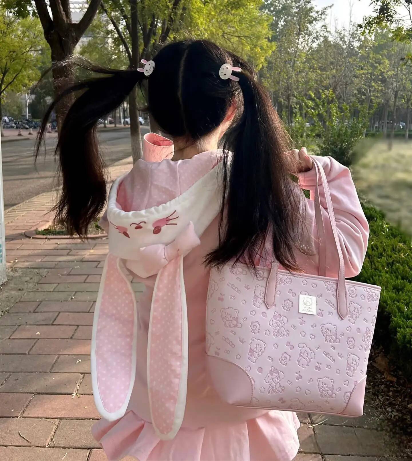 Sweet Cute Pink Tote Purse Womens Haruku Kawaii Print Leather Large Capacity Handbag Commuter Student Shoulder Bag Female high-quality