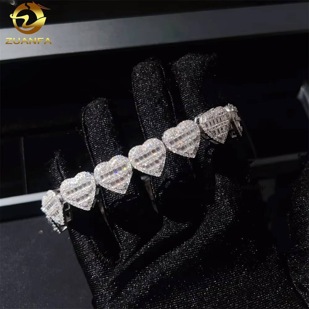 Hip Hop Fashion Heart Shape Baguette Design 925 Silver 13mm Moissanite Cuban Link Bracelet