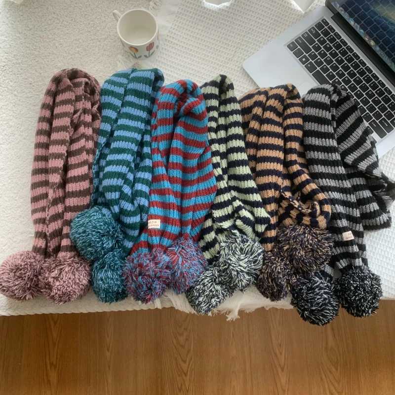 Winter Women Warm Stripe Scarf Knit Spring Thick Warm Winter Ball Scarves Winter Casual Warmer Women Scarves For WomenXJ250905