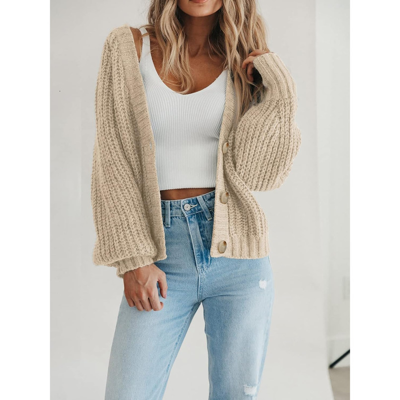 Women's Chunky Knit Open Front Sweater Long Sleeve Button Loose Short Cardigan Outerwear Coats