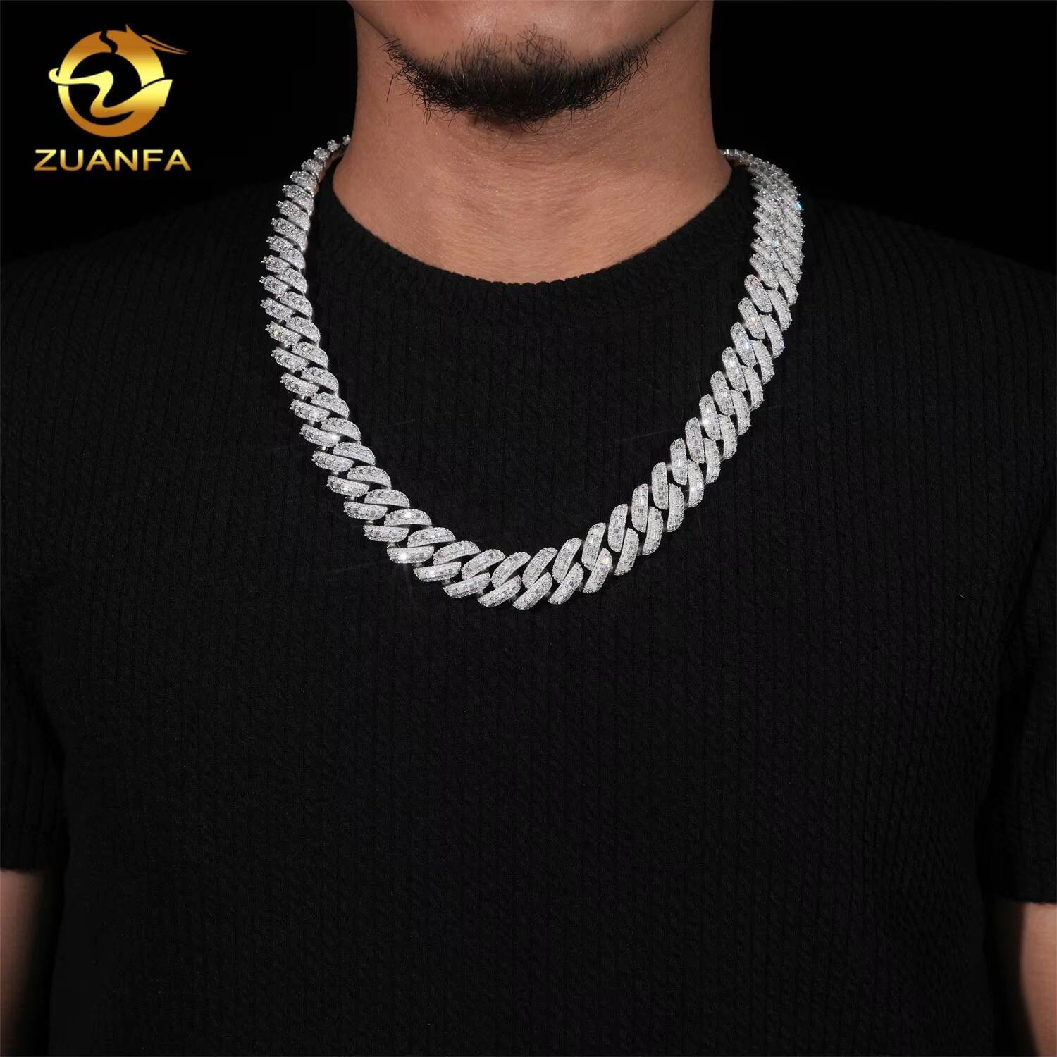 Hip Hop Jewelry 18mm Width Solid Heavy Baguette Diamond Iced Out 925 Sterling Silver Cuban Link Chain