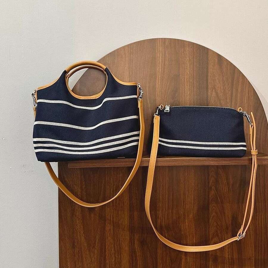Denim Striped Handbag for Women 2024 New Fashion Single Shoulder Underarm Color Block Casual Crossbody Bag