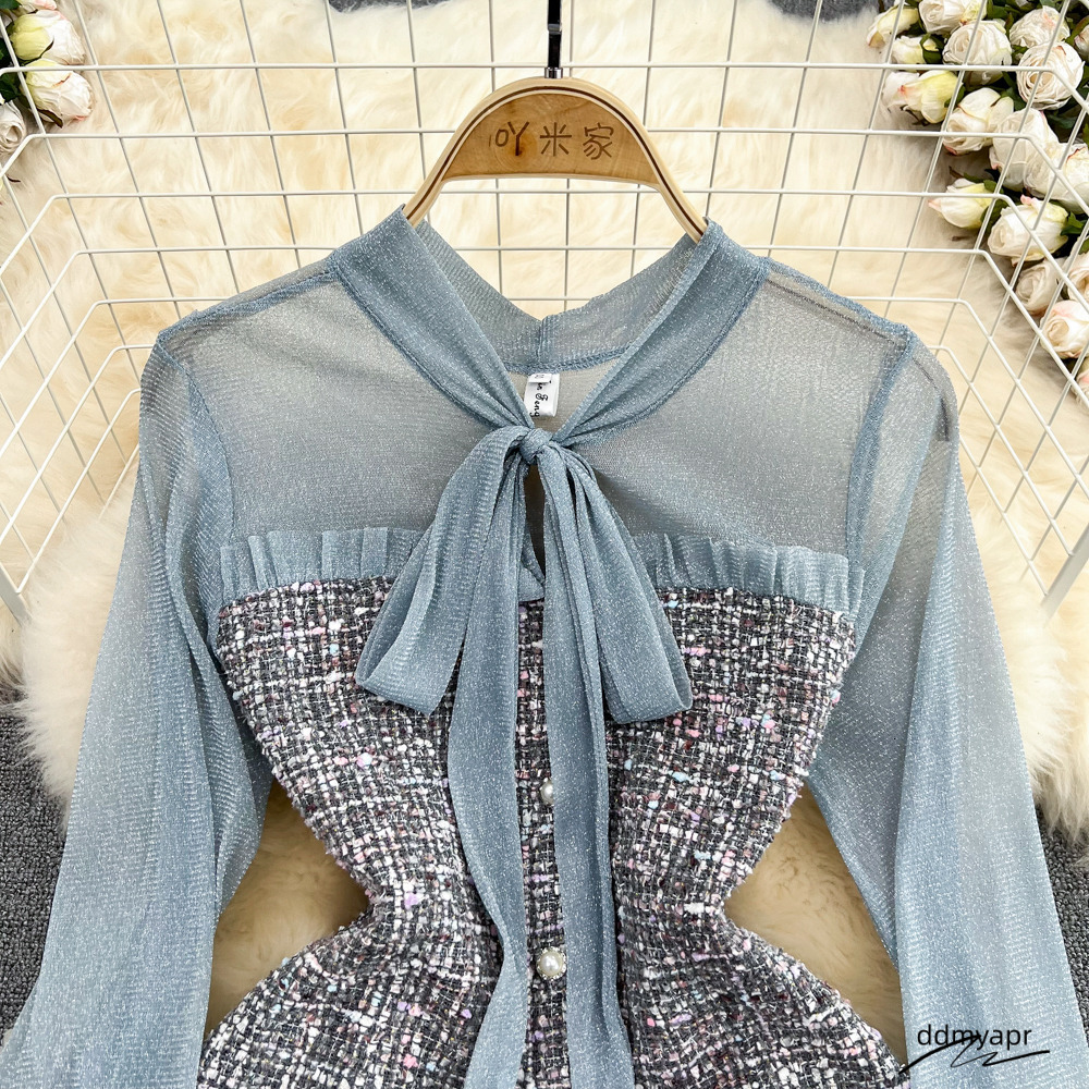 Casual Dresses Elegant Lady Small Fragrance Temperament Ribbon Bow Collar Soft Ruffle Patchwork Tweed ddmyday Plaid Woolen Buttons Autumn