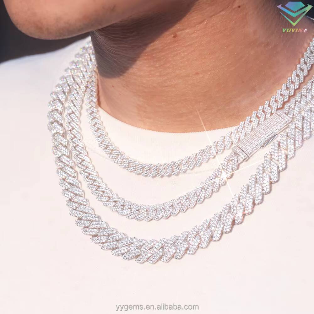 Factory Direct Price 14mm Iced Out 925 Silver Two Rows Iced Out Hip Hop VVS Moissanite Diamond Cuban Link Chain