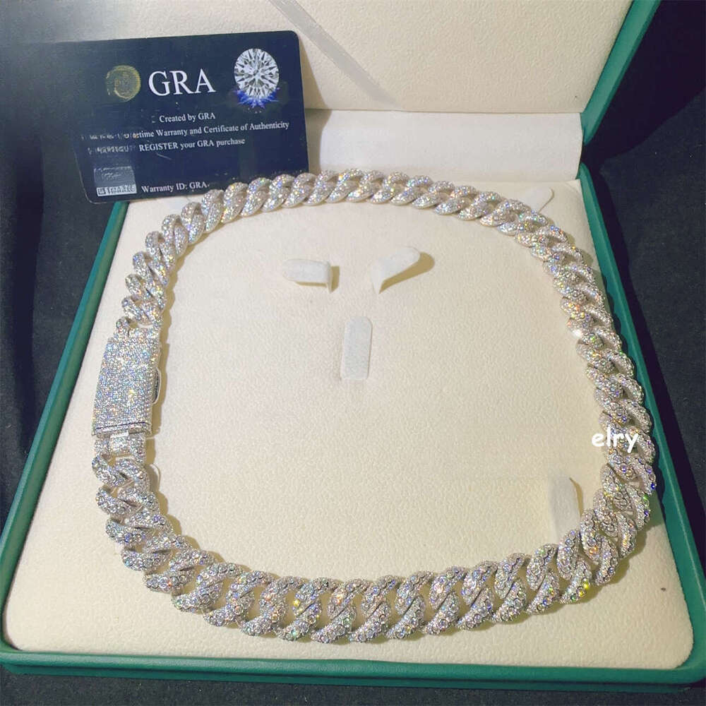 15mm MoissaniteCuban D Color VVS Moissanite Dia Iced Out Sterling Sier Hip Hop Fine Jewelry Cuban Link Chain Necklace