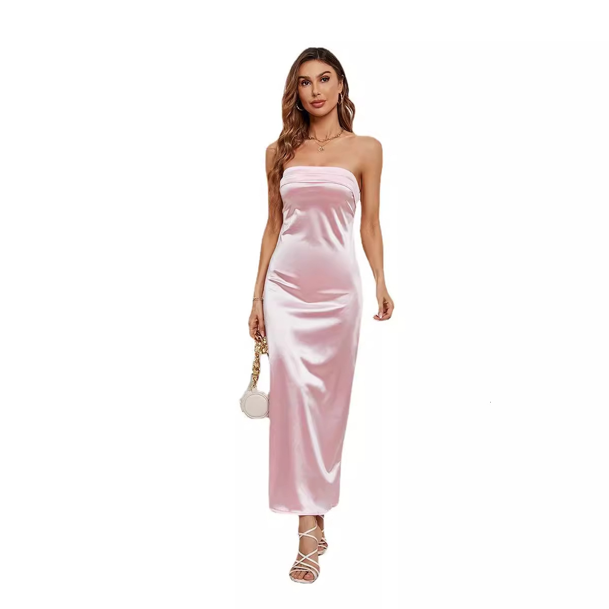Summer Womens Solid Color Strapless Elastic Backless Satin Dress
