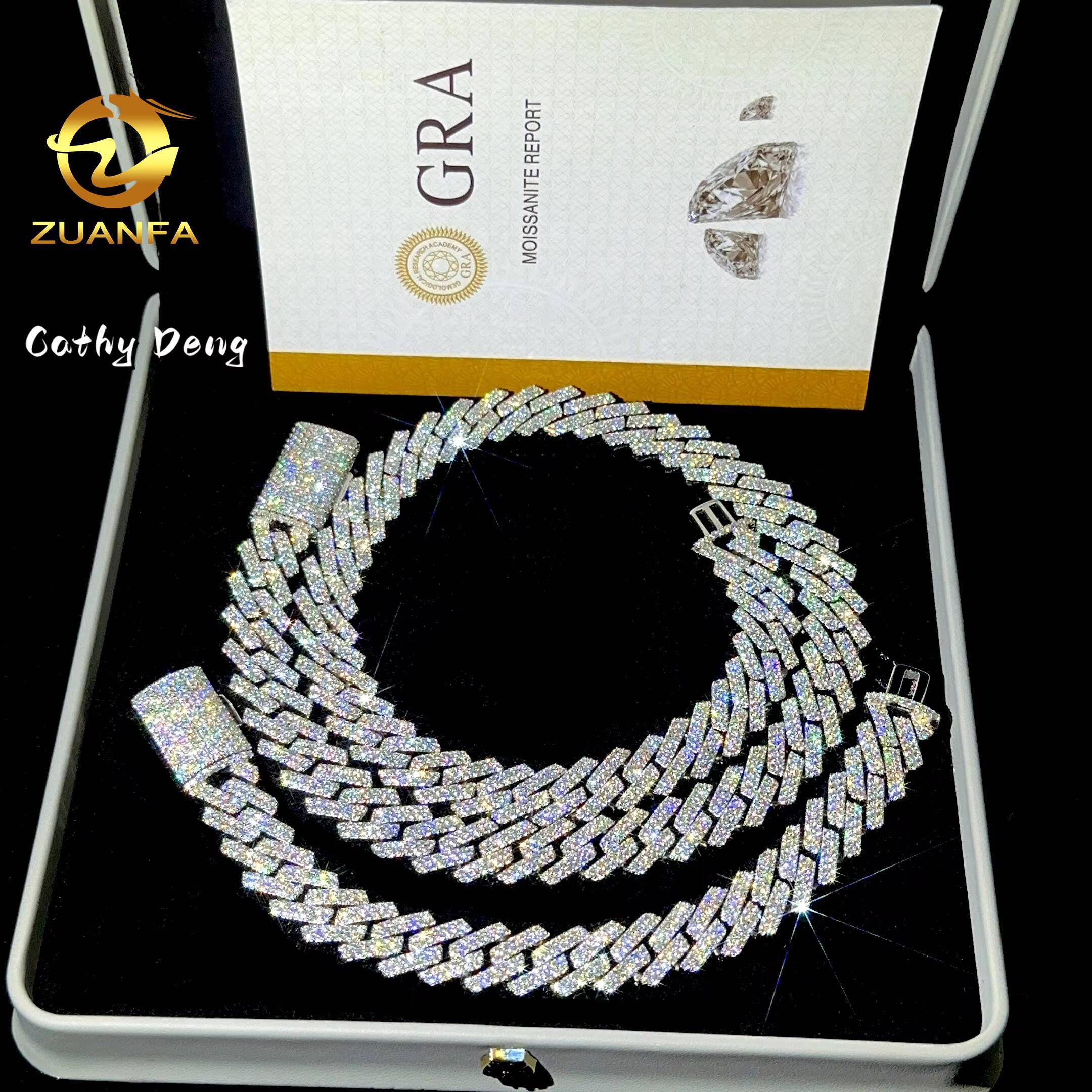Wholesale 2 Row 15mm Round Cut Moissanite Cuban Chain Bling 925 Sterling Silver Iced Out Miami Cuban Link Chain Bracelet