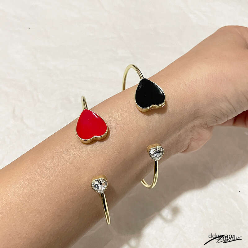 Collections Adjustable Heart Bracelet ddmydec - Trendy Korean-Style Cuff Bangle With Crystal Accents For Women (Red/Black, 8.4G Lightweight) ddmydec