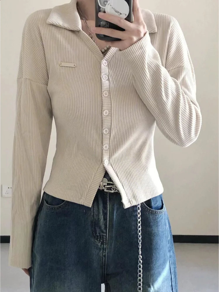 Female Tee Long Sleeve 100 Cotton Tshirts Autumn Winter Apricot Button Womens Polo Clothing Sales Y2k Fashion Original 250905