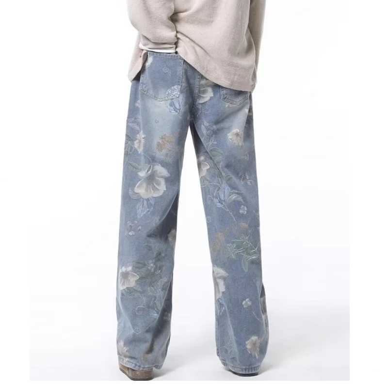 MirrordustKorean Style Printed TieDye StraightLeg Loose Unisex Casual Jeans W250905