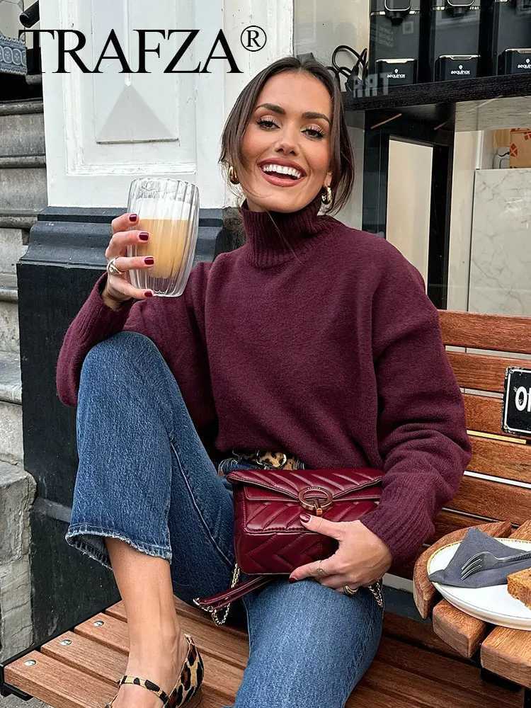 TRAFZA Women Vintage Burgundy Turtleneck Sweater Casual Long Sleeve Knitted Pullover Autumn Winter Women Solid Warm Knitwear Z250905