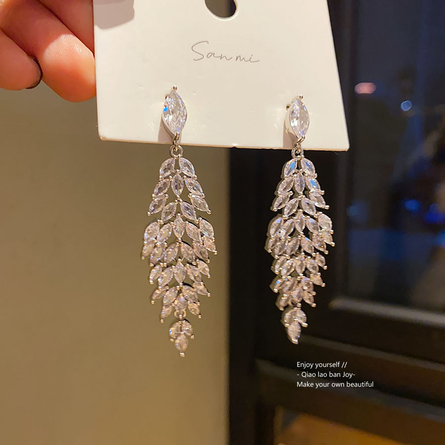Silver Tone Leaf-Shaped Crystal Tassel Earrings With Layered Dangle Design Elegant Sparkling Style Party & Wedding Occasion Wear Gift For Her Luxe Sta