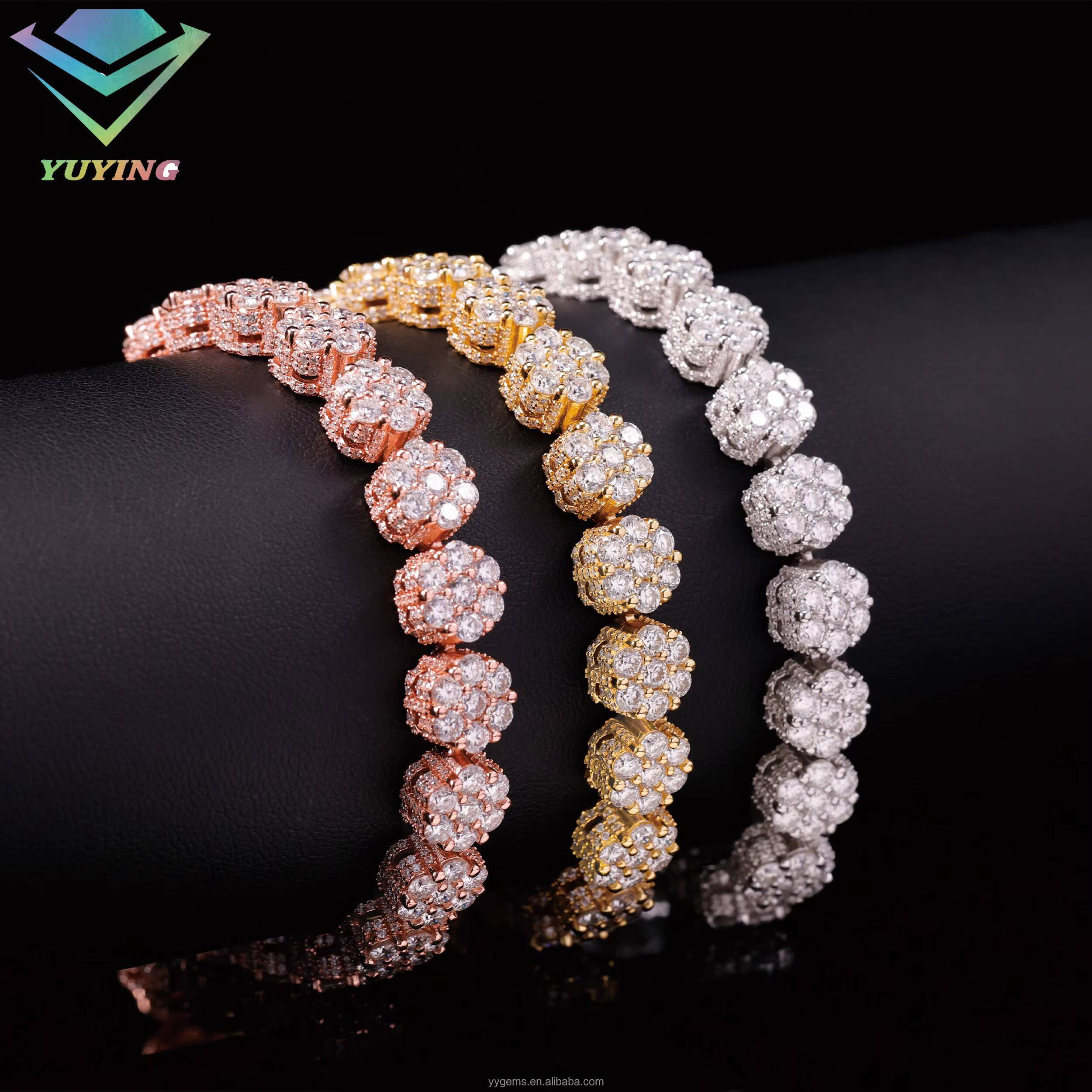 Flowers Shape Rose Gold Color Iced Out Diamond 8mm Bracelet S925 Silver Moissanite Bracelet Mens Women with GRA Certificates