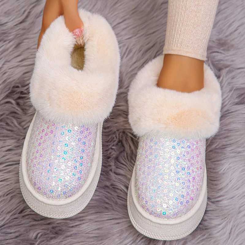 Fashion Bling Sequin Fur Snow Boots Women Comfy Slip On Thicken Plush Warm Winter Boots Woman Non Slip Faux Fur Ankle Booties L250905