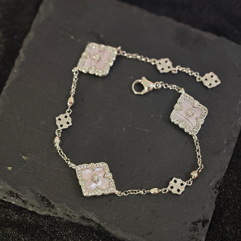 Silver Tone Bracelet With Mother-of-Pearl Four-Leaf Clover Motifs & Crystal Detail Elegant Luxurious Style Daily & Special Occasion Wear Gift For Her 