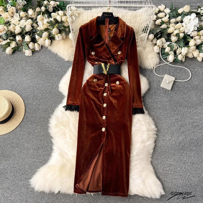 Casual Dresses Autumn Elegant V-Neck Veet Dress Women Long Sleeve Fashion Metre Buttons Split Sheath ddmyday Bodycon Office Party Pencil Vestidos