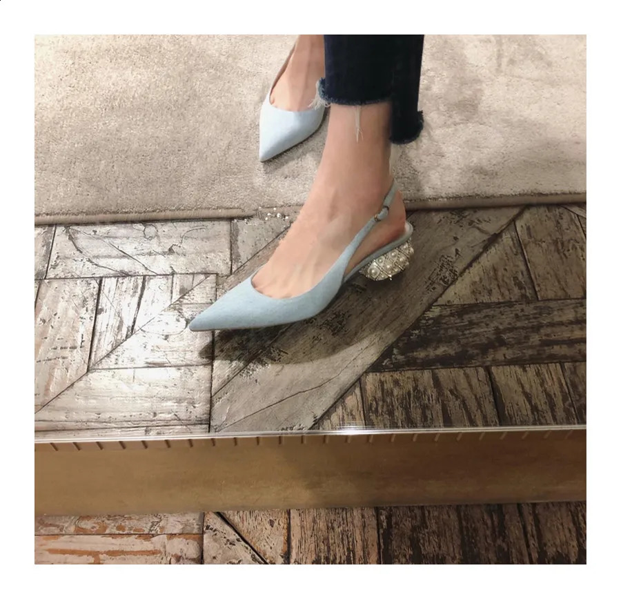 Womens Summer Thick Heel Pointed Head Bag Head Sandals Womens Rhinestone Pearl Heel Oord Buckle Medium Heel High Heels 250904 - view 5