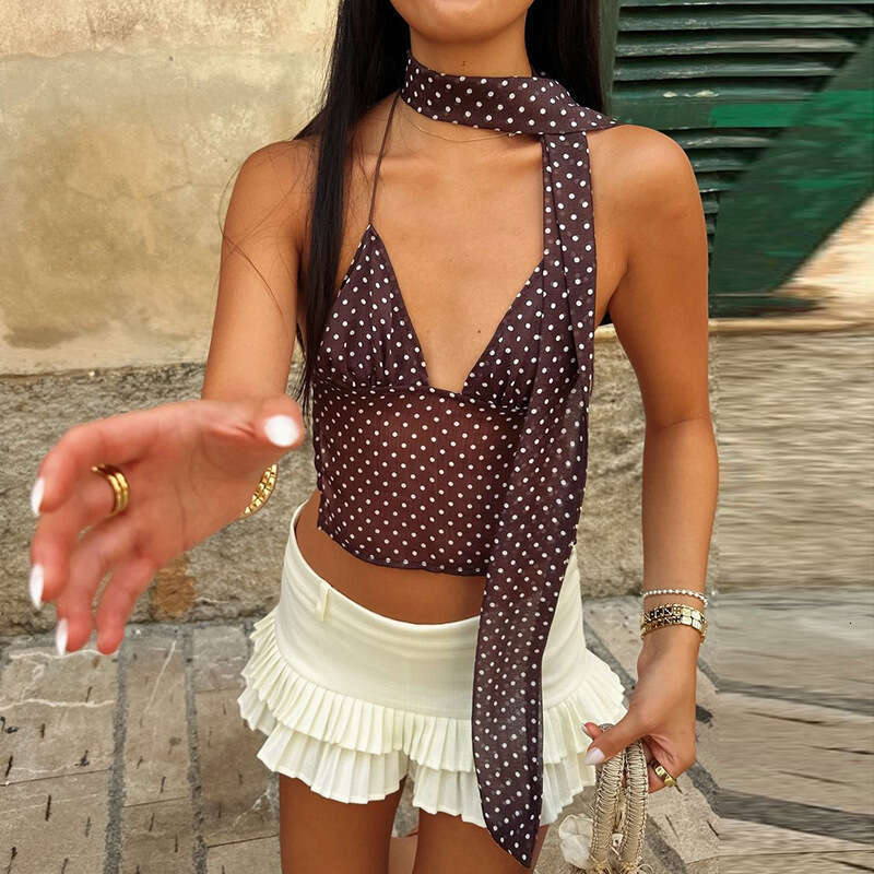 Women's Fashion 2025 Summer New Sexy Polka Dot Deep V Lace-Up Backless Tube Top Camisole