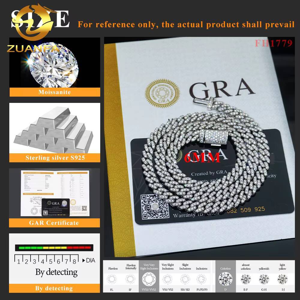 Pass Diamond Tester 6mm 925 Sterling Silver Hip Hop Iced Out Vvs Moissanite Diamond Cuban Link Chain