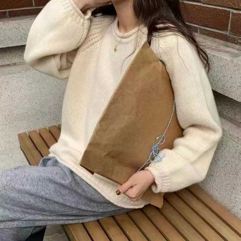Autumnwinter New Loose Solid Color Knitted Base Top Casual Long Sleeved ONeck Sweater Sweet Lantern Sleeve Womens Sweater Z250905