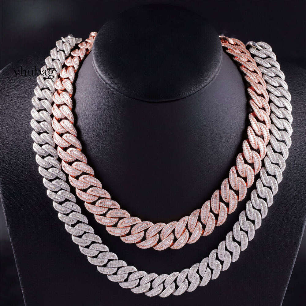 Hip Hop Iced Out Dia Necklace Gold Plated Baguette VVS Moissanite Cuban Link Chain for Men