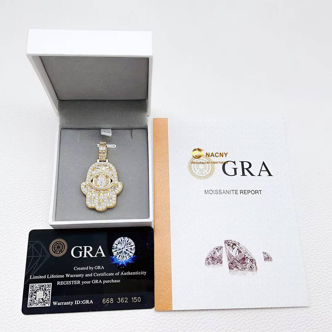 Fine Jewelry 925 Sterling Silver Iced Out Vvs Moissanite Diamond Egyptian Eye Hamsa Hand Pendant Necklace for Women