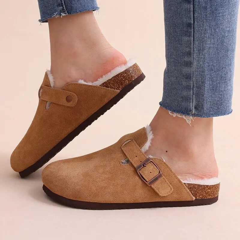 Fur Boston Clogs For Women Winter Fashion Cork Insole Warm Plush Slippers Shoes With Arch Support Cozy Home Furry Suede Mules W250905