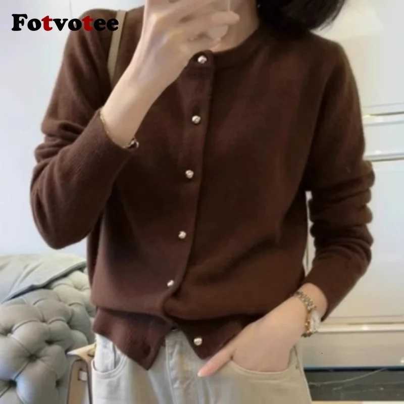 FOTVOTEE Solid Simple Women Cardigan Casual Loose Long Sleeve O Neck Single Breasted Knitted Cardigans 2025 New Fashion Sweater Z250905