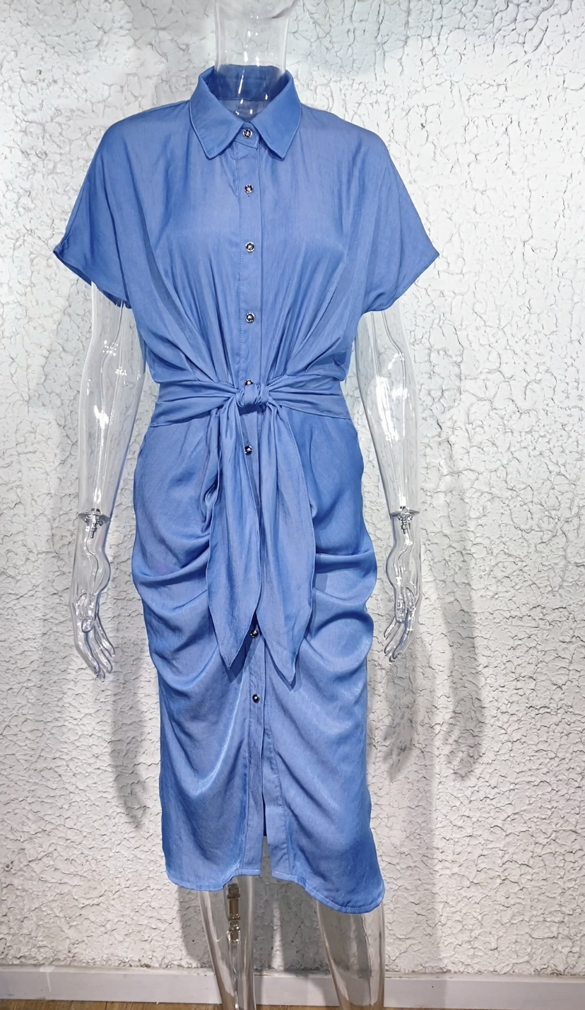 2024 New MidLength Dress Shirt Collar Slit Pleated Slim Washed Denim Dress