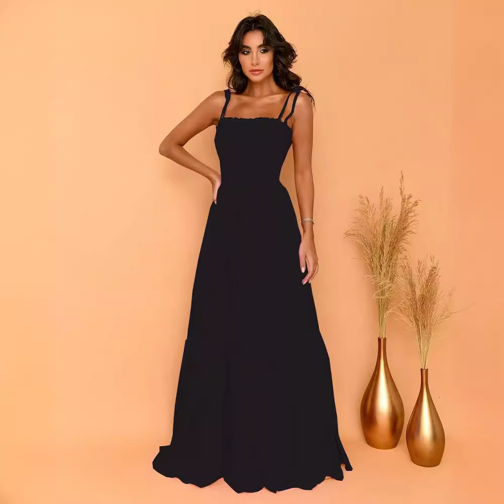 2023 Solid Color High Waist Slimming Elegant Strap Flared Long Dress Luxury