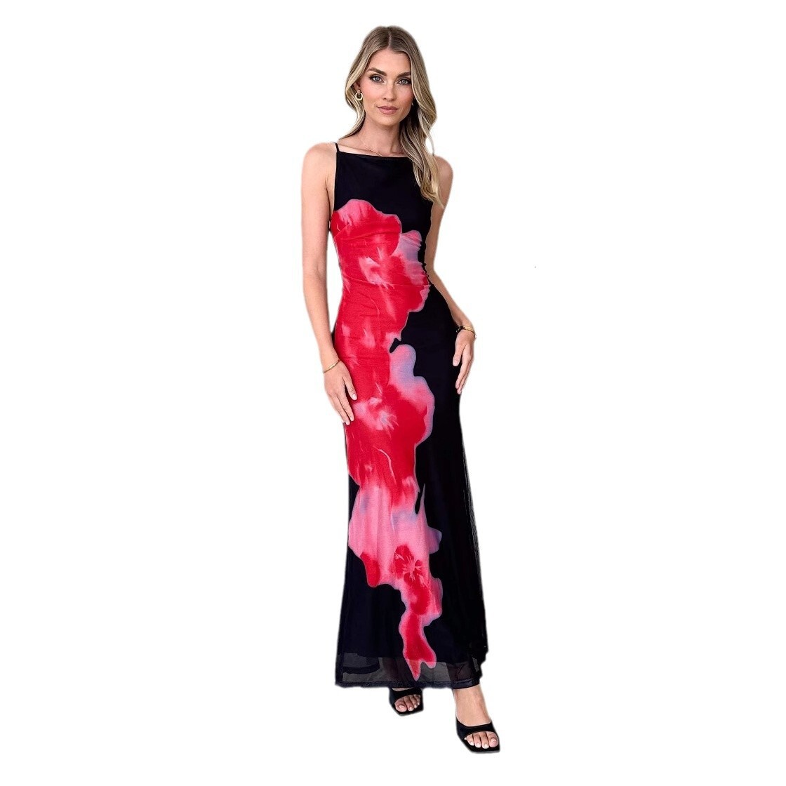 2025 Spring Summer New Womens Slim Fit Strap ColorBlock Floral Print Long Dress