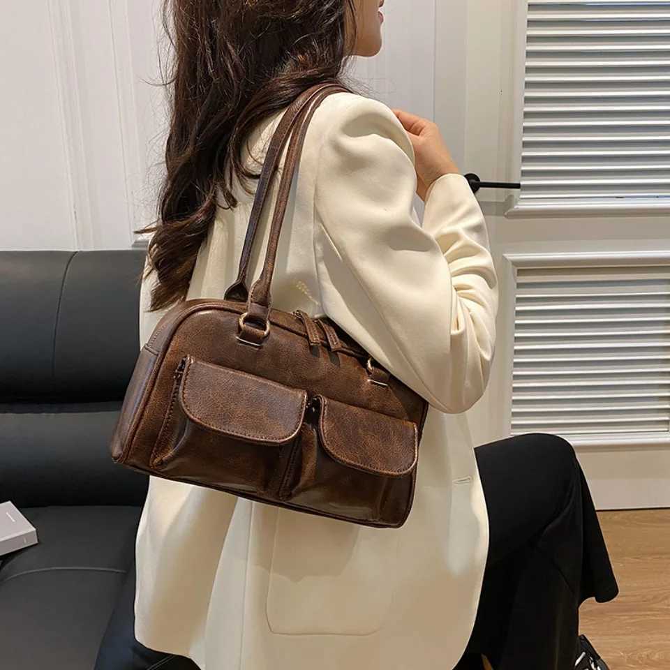 Vintage Women Business Shoulder Bags Simple Ladies Commute Tote Bag Pu Leather 2 Pocket Chic Female Underarm Hand Bag Handbags Z250903