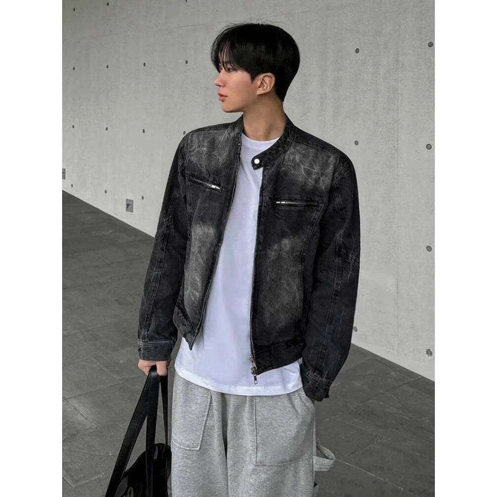 SYUHGFA Korean High Street Men's Denim Jackets Stand Collar Zipper Loose Solid Color Male Short Coats Tide 2024 Autumn