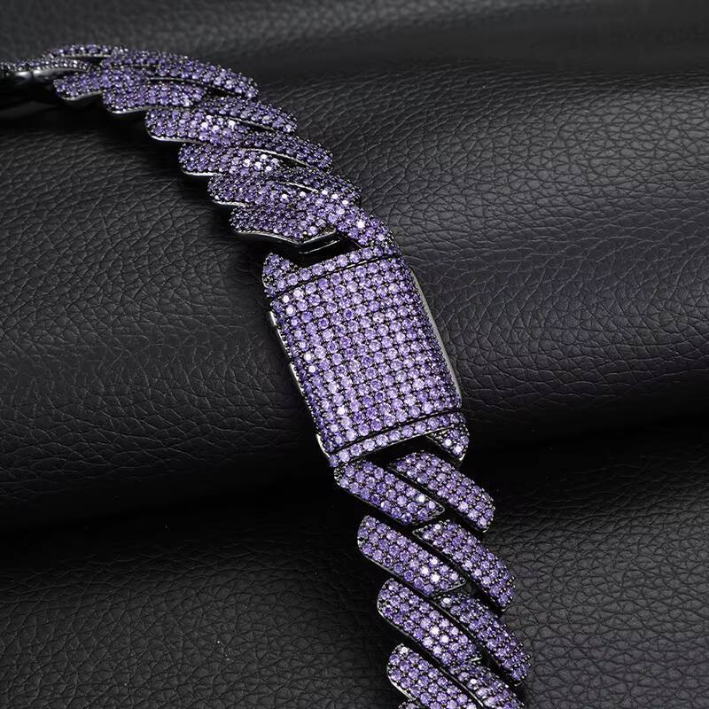 Big Heavy 20mm Double Row 5A Moissanite Purple Color Stone Necklace Hip Hop Cuban Link Prong Chain
