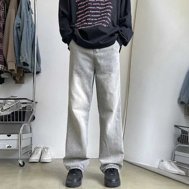 Mens Vintage Light Gray Bootcut Jeans Fashion Korean High Street Denim Trousers Elastic Waist Comfortable Pants Male Clothing W250905