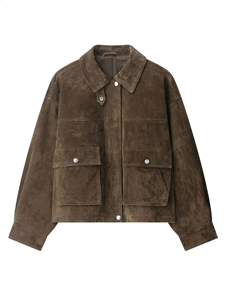 2025 Autumn Winter Brown Suede Bomber Jacket For Women Elegant Long Sleeve Zipper Lapel Coats Street Casual Lady Chic Outerwear 250904