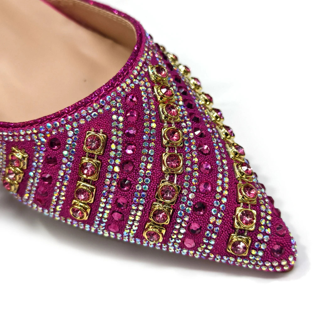 Shiny Italian Fashion Pointed Toe Women Heel Rhinestone Decoration Fuchsia Color Shoes And Bag Set 250905
