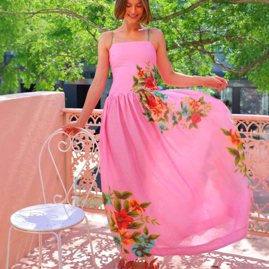 2025 Summer New Fashionable Elegant Thin Strap Printed Backless Dress for Women