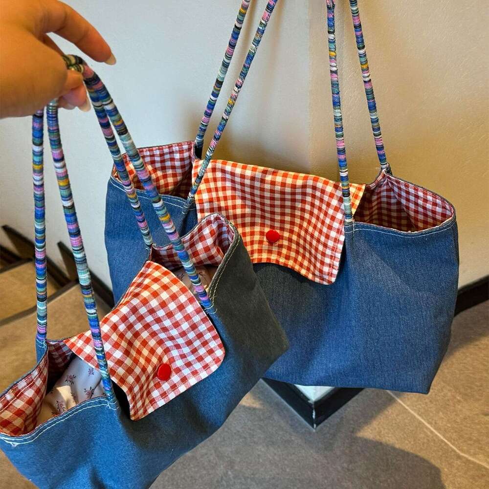 Red Plaid Canvas Large Capacity Commuting Korean Lazy Style Outing Shoulder Tote Bag for Women