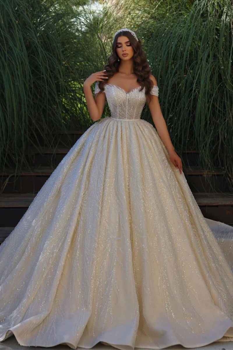 Customized Luxury Wedding Dress 2025 Backless Applique Bridal Gown Shiny Stain Embroidery Ball Gown Appliques Sleeves With Train