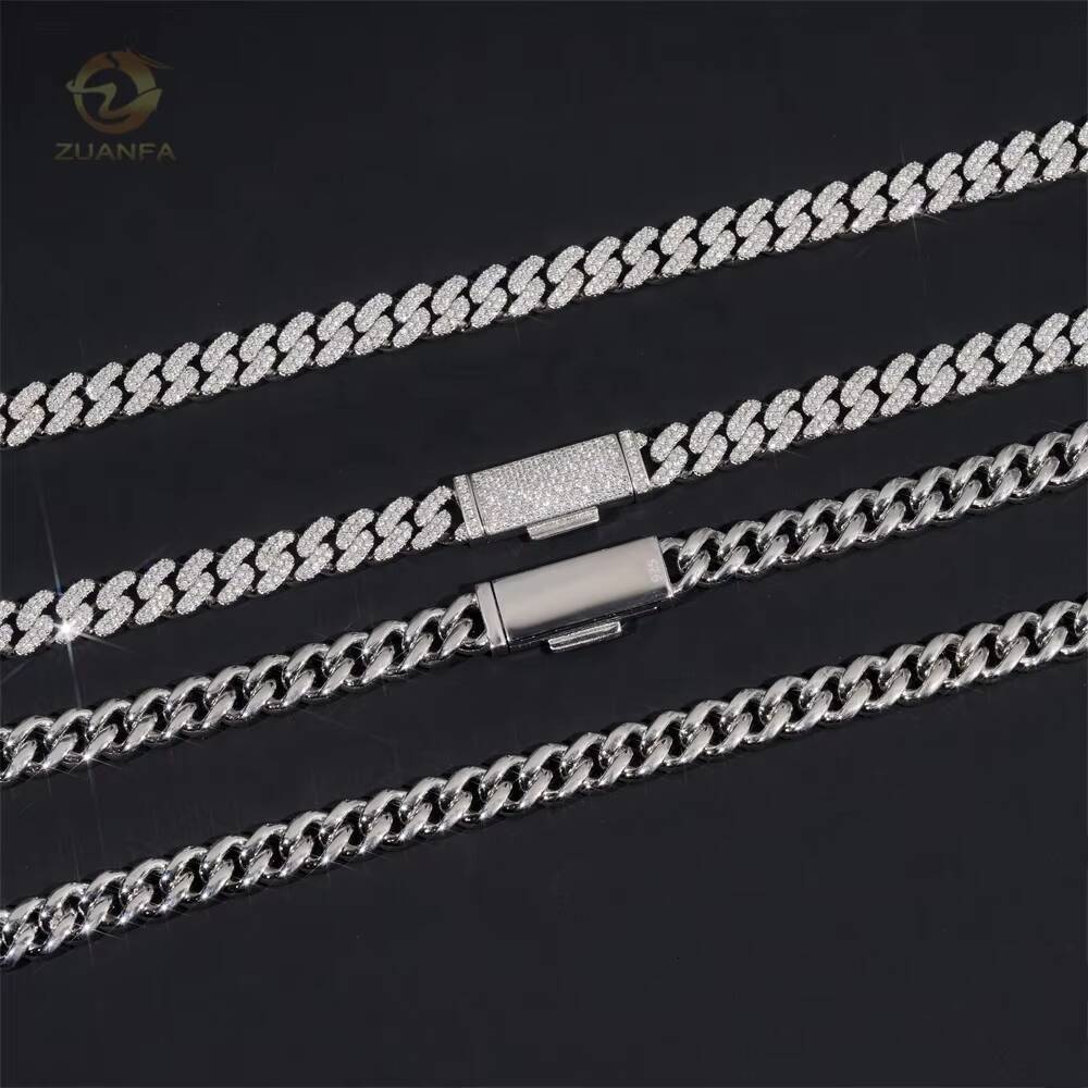 Pass Diamond Tester Best Selling 925 Sterling Silver Hip Hop Two Row Moissanite 8mm Cuban Link Chain