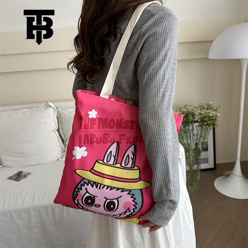 Fashion Labubu Printed Women's Canvas Bag Free Shipping Designer Luxury New Style Shoulder Bag Large Capacity Commuting Handbag Casual Shopping B