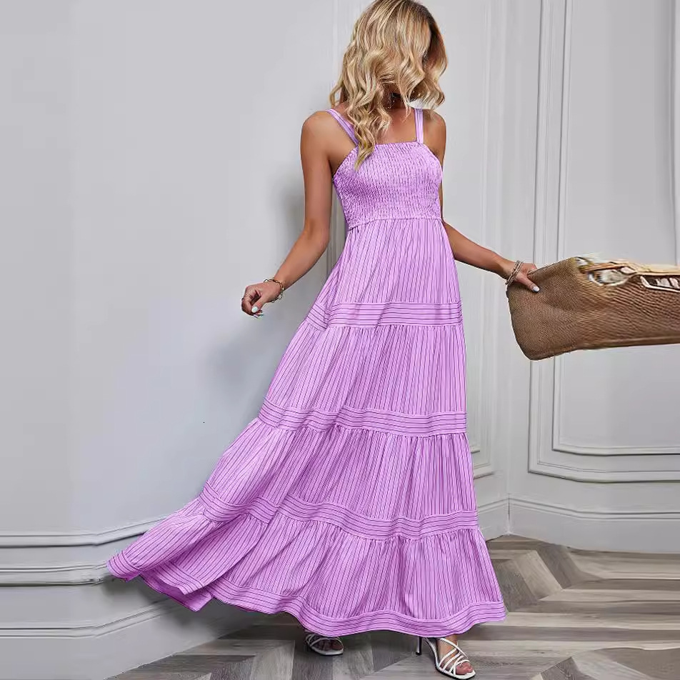 2024 Spring Summer New Womens Dress with Straps WaistCinching Striped Vacation Dress Feminine Style