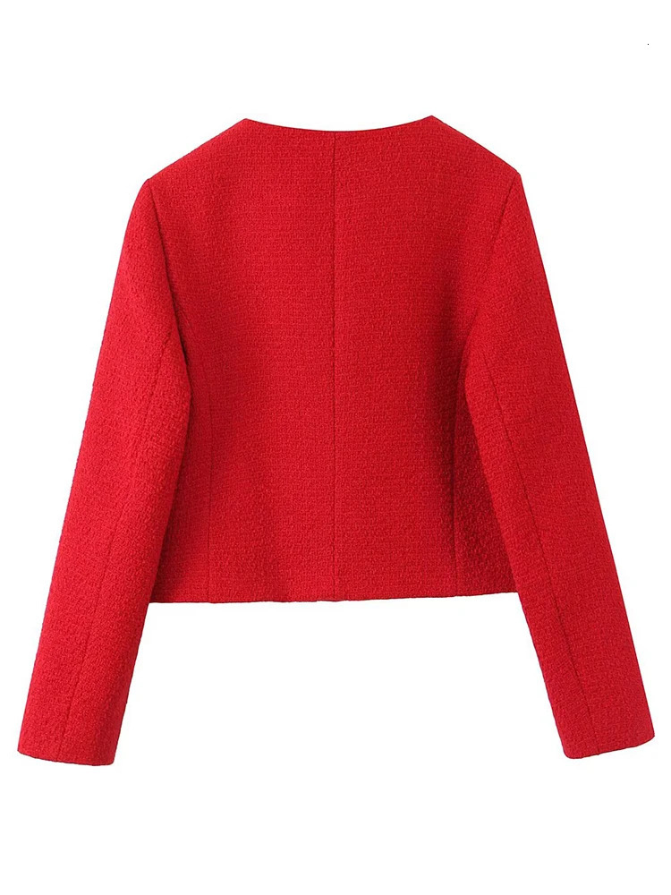 TRAF Womens Red Cropped Jacket 2025 Spring Office Ladies Long Sleeve Short Coats Fashion Casual Streetwear Outerwears250905