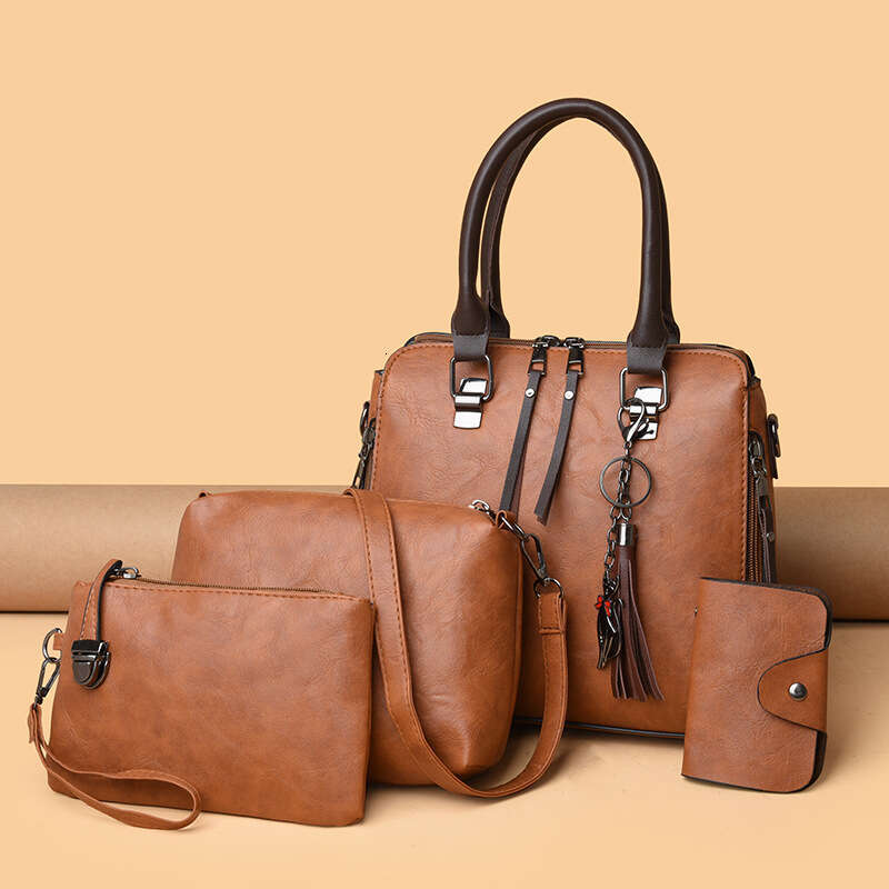 New Crossbody Mother Bag Oil Leather Single Shoulder Four-Piece Set Women's Handbag