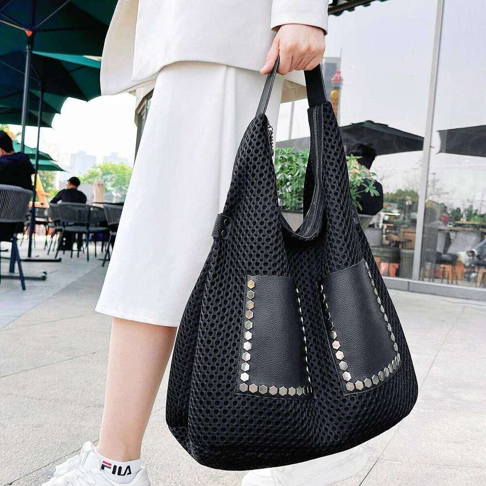 Large Capacity Mesh Fabric Shoulder Women Korea Style Black Lazy Hobos Bags Solid Revit Vintage Packages Big Handbags