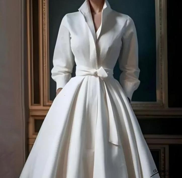 Womens Elegant Shirt Long Sleeved Stand Up Collar White Minimalist A-Line Pleated ddmydec Wedding Guest Dress Blet 240906 ddmydec ddmydec ddmydec ddmy